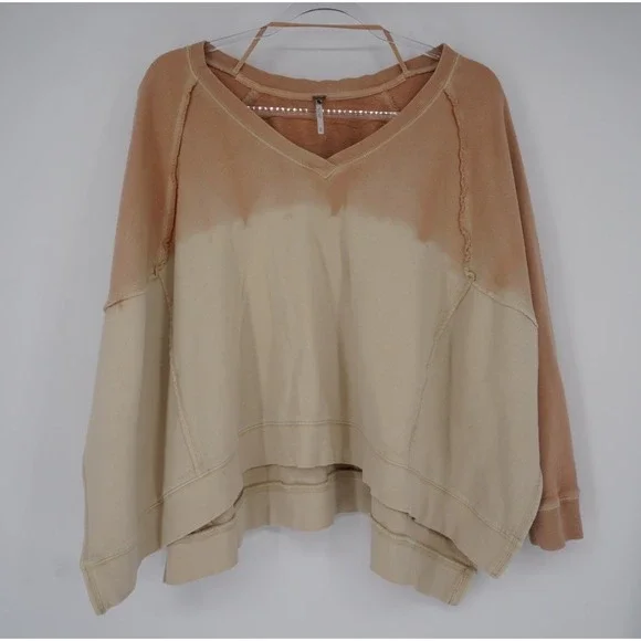 Free People Ombre Dip Dye V-Neck Sweatshirt Peach Cream XS Cotton Pullover - Picture 1 of 12
